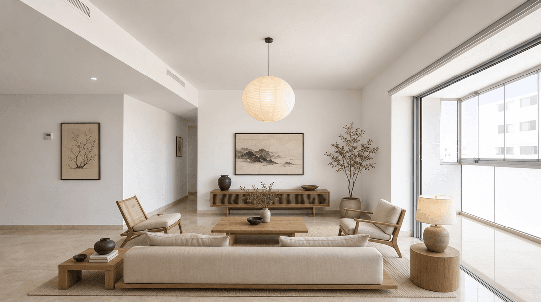Living room restaged by AI, modern catalog style